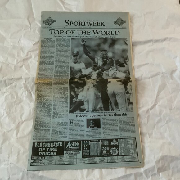 TORONTO BLUE JAYS WORLD SERIES WIN 1992 GLOBE & MAIL NEWSPAPER - Picture 1 of 3